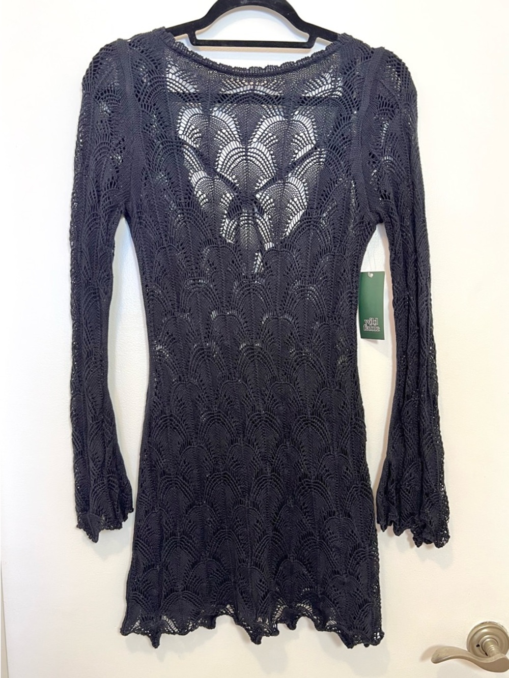 NWT Wild Fable Crochet Knit Long Sleeve Black Scalloped Mini Dress Women's Small